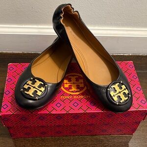Tory Burch Black Flats with Gold Emblem